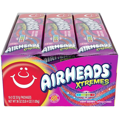 Airheads Xtremes Belts Holiday Sweetly Sour Candy, Very Berry, Christmas Stocking Stuffers for Adults & Kids, Non-Melting, Candy for Christmas Bulk Party Bag, 2 oz (Pack of 18)