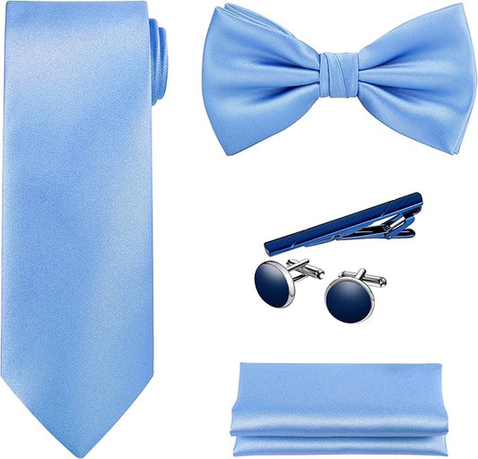 TIE G 5pcs Tie Set in WHITE OR BLACK GIFT BOX: Solid Color Necktie, Satin Bow Tie, Pocket Square, Lapel, Cuff Links