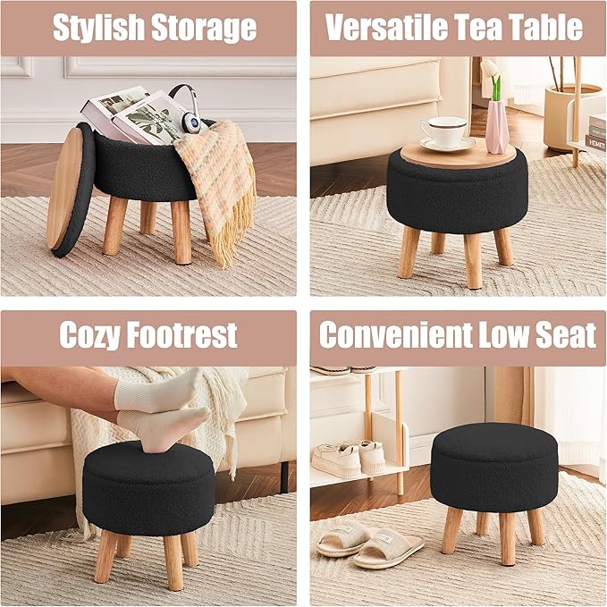 Poofzy Small Ottoman with Storage, Small Foot Stool Ottoman with Wood Legs, Sherpa Foot Rest for Couch, Living Room and Bedroom - Black