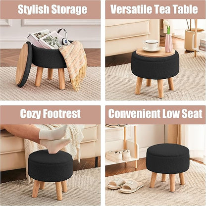 Poofzy Small Ottoman with Storage, Small Foot Stool Ottoman with Wood Legs, Sherpa Foot Rest for Couch, Living Room and Bedroom - Black