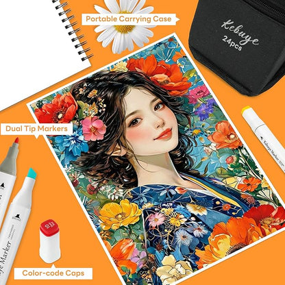 Alcohol Based Art Markers Set 24 Color - Professional Double Sided Marcadores for Artist, Best Blendable Coloring Marker Pens for Adult - Coloring Books No Bleeding Illustration Drawing for Kids Gifts