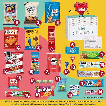 Gift A Snack - Halloween Trick or Treats Snack Box Variety Pack Care Package + Greeting Card (150 Count) Birthday Sweet Treats Gift Basket, Candies Chips Crackers Bars, Office Food Assortments