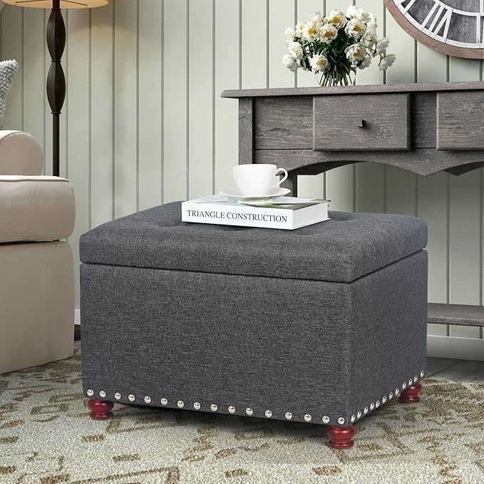 Adeco 24" Rectangular Fabric Storage Ottoman, Button Tufted Accents Linen Bench with Storage, Rivet Footstool with Wooden Legs and Safety Close Hinge for Living Room Bedroom Entryway