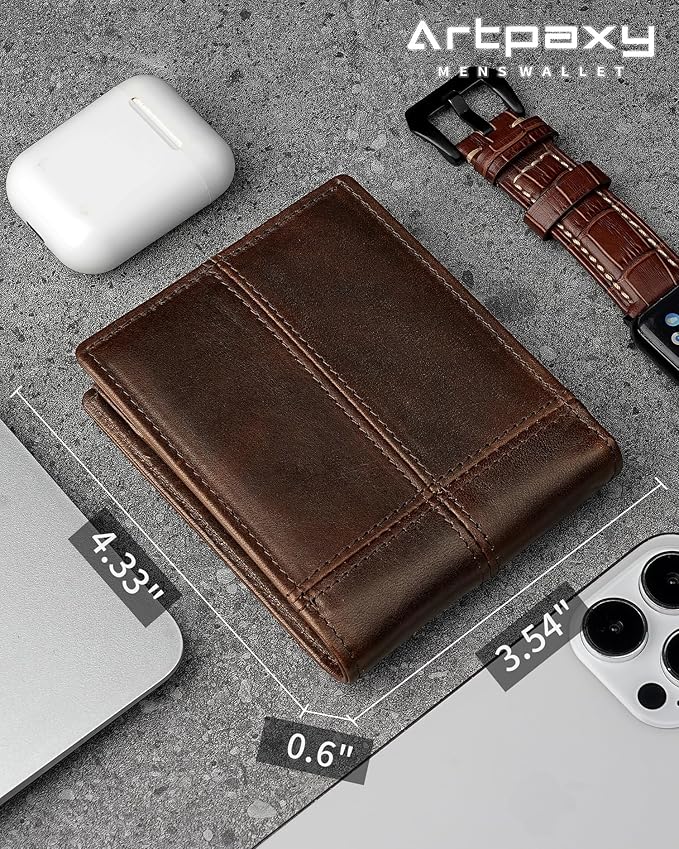 Mens Wallet Bifold Genuine Leather RFID Blocking Wallet for Men with 2 ID Windows 12 Card Holders 2 cash pockets 1 Gift Box