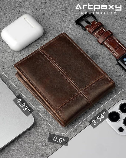 Mens Wallet Bifold Genuine Leather RFID Blocking Wallet for Men with 2 ID Windows 12 Card Holders 2 cash pockets 1 Gift Box