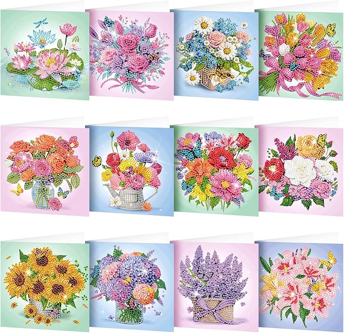 Saillong 12 Pack Flower Diamond Painting Greeting Card Kits DIY Pastel Flower Diamond Art Cards with Envelopes Floral 5d Rhinestones Paint Card for Adults DIY Craft Family Friend Birthday Xmas Gifts