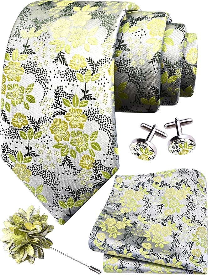 GUSLESON 3.15"（8cm） Mens Floral Tie and Lapel Pin Necktie Hankerchief Cufflinks Set for Men