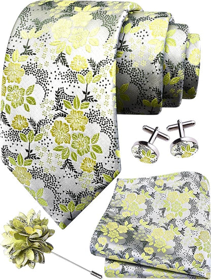 GUSLESON 3.15"（8cm） Mens Floral Tie and Lapel Pin Necktie Hankerchief Cufflinks Set for Men