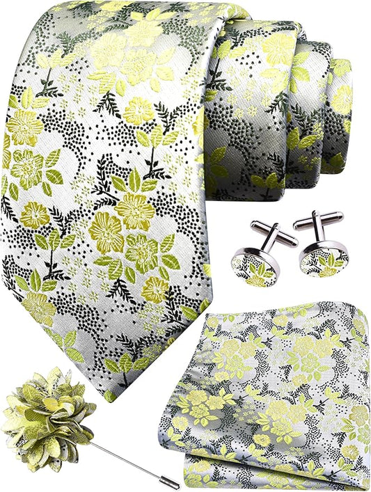 GUSLESON 3.15"（8cm） Mens Floral Tie and Lapel Pin Necktie Hankerchief Cufflinks Set for Men