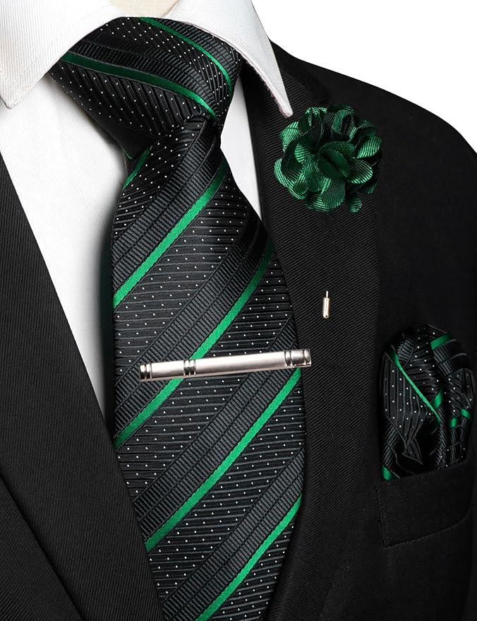 JEMYGINS Mens Striped Tie and Lapel Pin Necktie Pocket Square with Tie Clip Sets for Business Casual 4PCS