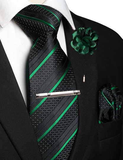 JEMYGINS Mens Striped Tie and Lapel Pin Necktie Pocket Square with Tie Clip Sets for Business Casual 4PCS