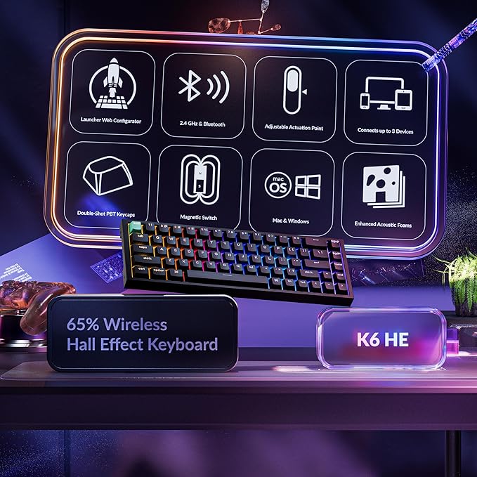 Keychron K6 HE 65% Wireless Mechanical Keyboard, 2.4GHz & Bluetooth, Gateron Double-Rail Magnetic Switch, Shine-Through PBT Keycaps, Aluminum Frame, Compatible with Windows/Mac – Black