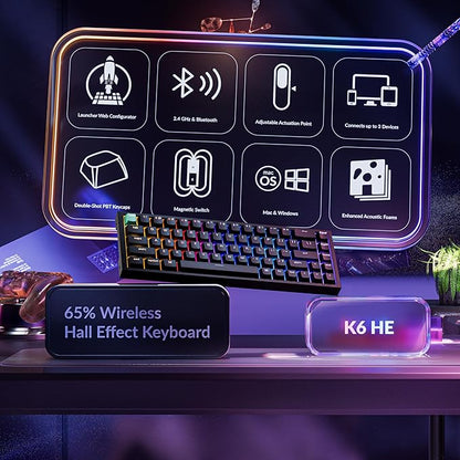 Keychron K6 HE 65% Wireless Mechanical Keyboard, 2.4GHz & Bluetooth, Gateron Double-Rail Magnetic Switch, Shine-Through PBT Keycaps, Aluminum Frame, Compatible with Windows/Mac – Black