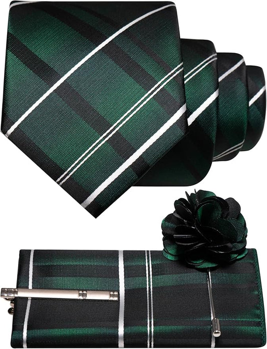 JEMYGINS Mens Striped Tie and Pocket Square with Tie Clip Lapel Pin Set 4PCS