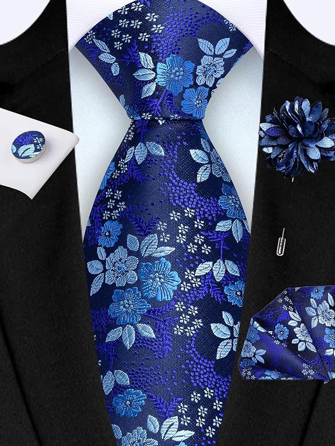 GUSLESON 3.15"（8cm） Mens Floral Tie and Lapel Pin Necktie Hankerchief Cufflinks Set for Men