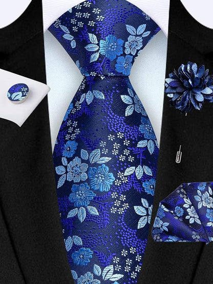 GUSLESON 3.15"（8cm） Mens Floral Tie and Lapel Pin Necktie Hankerchief Cufflinks Set for Men