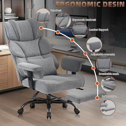 Vonesse Big and Tall Office Chair, Computer Chair with Soft Adjustable Armrests, Ergonomic Gaming Chair with Breathable Linen Design, Executive Chairs with Footrest (Linen Fabric, Dark Gray)
