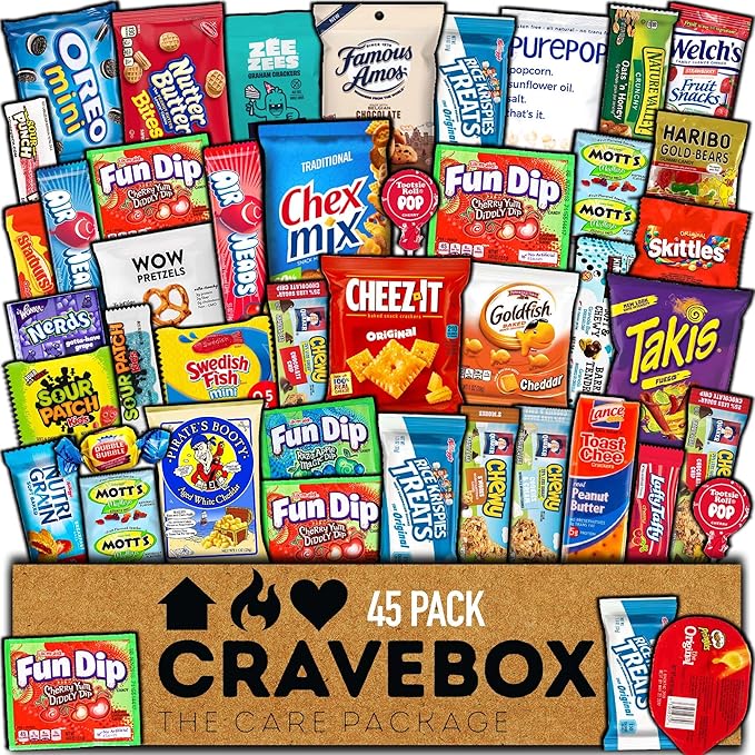 CRAVEBOX Snacks Box Variety Pack Care Package (45 Count) Christmas Treats Gift Basket Adults Kids Grandkids Guys Girls Women Men Boyfriend Birthday Cookies Chips College Student Office School