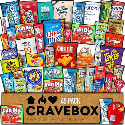 CRAVEBOX Snacks Box Variety Pack Care Package (45 Count) Christmas Treats Gift Basket Adults Kids Grandkids Guys Girls Women Men Boyfriend Birthday Cookies Chips College Student Office School