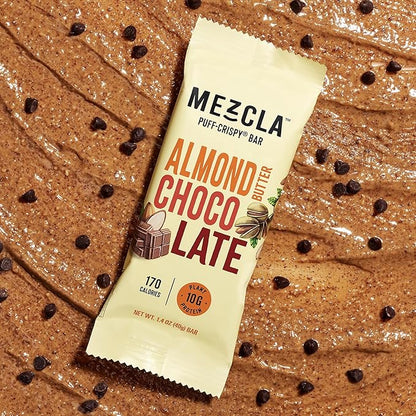 Mezcla Puff Crispy Protein Bars, Gluten Free & Vegan Protein Bars, 10g Protein, Alt for Crispy Rice Treat, Granola Bars & Breakfast Bars, Healthy Snacks for Adults, Almond Butter Chocolate, 12 Pack