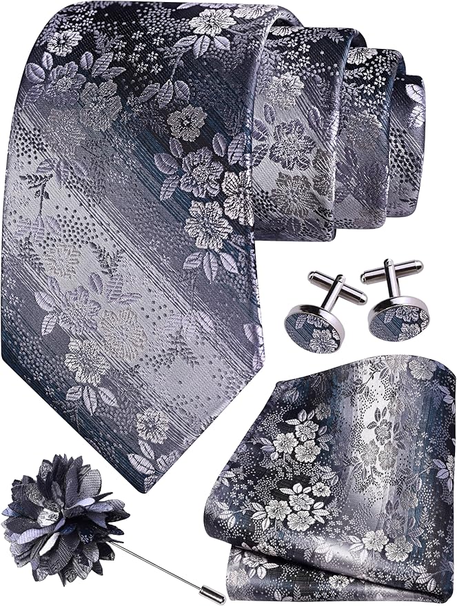 GUSLESON 3.15"（8cm） Mens Floral Tie and Lapel Pin Necktie Hankerchief Cufflinks Set for Men