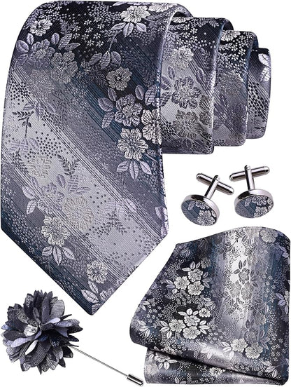 GUSLESON 3.15"（8cm） Mens Floral Tie and Lapel Pin Necktie Hankerchief Cufflinks Set for Men