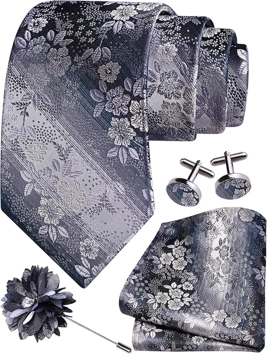 GUSLESON 3.15"（8cm） Mens Floral Tie and Lapel Pin Necktie Hankerchief Cufflinks Set for Men