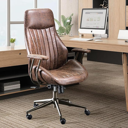 High Back Home Office Chair,Mid Century Modren Ergonomic Executive Chair,Lumbar Support Swivel Task Chair with Wheels,Computer Desk Chair Suede Fabric,350LBS (Dark Brown)