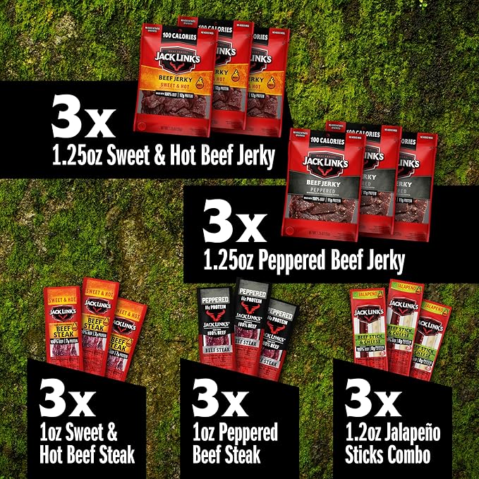 Jack Link's Spicy Beef Jerky Gift Basket Variety Pack - Includes Jerky, Meat & Cheese Combos, and Beef Steaks, Great Gift for Men, Perfect Hunting Trip Snacks, 15-Piece Assorted Spicy Meat Snack Pack