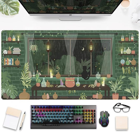 Cute Rainy Night Desk Mat Green Plants Desk Pad, Anime Black Cat Kawaii Large Gaming Mouse Pad, Moonlight Fireflies Deskmat Aesthetic Mousepad XXL, Laptop Keyboard Pad for Women Desk 31.5"x15.75"