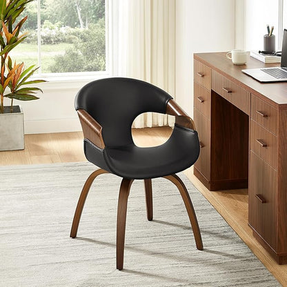 Art Leon Desk Chair No Wheels, Mid Century Modern Office Chair, Faux Leather Upholstered Swive Chair with Wood Legs for Living Room Bedroom, Walnut Bentwood, Black/Walnut