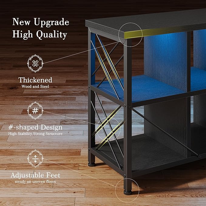 6 Cube Storage Organizer with LED Light and Charging Station, Wood and Metal Cube Shelf, Long Horizontal Book Shelf for Bedroom, Home Office, Black