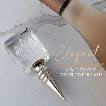 Personalized Crystal Wine Stopper - Custom Engraved Initial, Name & Date - 3D Glass Bottle Stopper with 6 Design Options - Rectangular, Included Gift Box