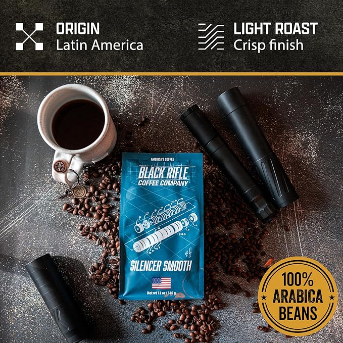 Black Rifle Coffee Company Silencer Smooth, 12oz Bag, Ground Coffee Light Roast - Roasted Blend Made from Arabica Beans - Colombian & Brazilian Beans - Veteran Founded & American Made