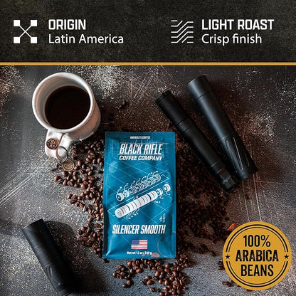 Black Rifle Coffee Company Silencer Smooth, 12oz Bag, Ground Coffee Light Roast - Roasted Blend Made from Arabica Beans - Colombian & Brazilian Beans - Veteran Founded & American Made
