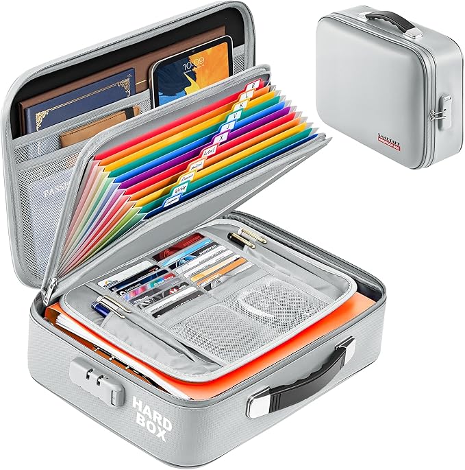 SMARTAKE Fireproof Document Box with Lock, Hard Case Waterproof Safe Box File Organizer, for Important Documents Papers Passports Certificates Laptop Money Safe Storage, Silver (15x11.5x5.5 Inch)