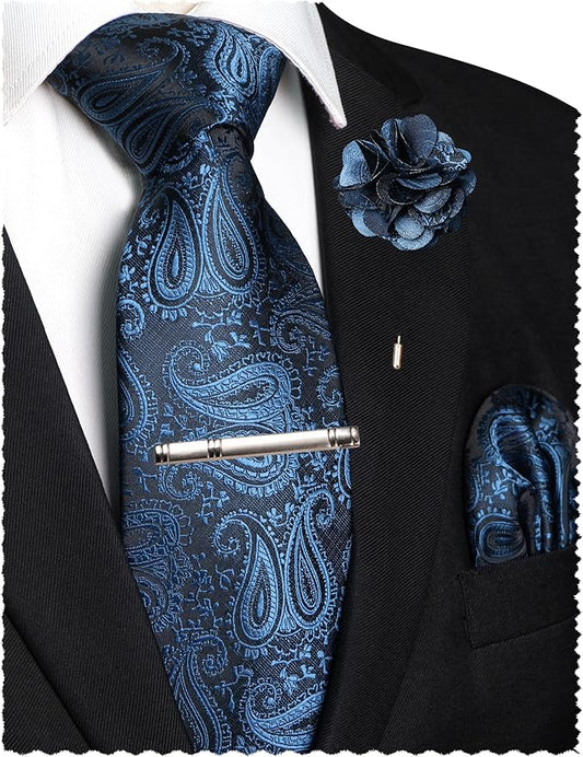 JEMYGINS Mens Paisley Tie and Lapel Pin Necktie Pocket Square and Tie Clip with Sets for Business Casual 4PCS