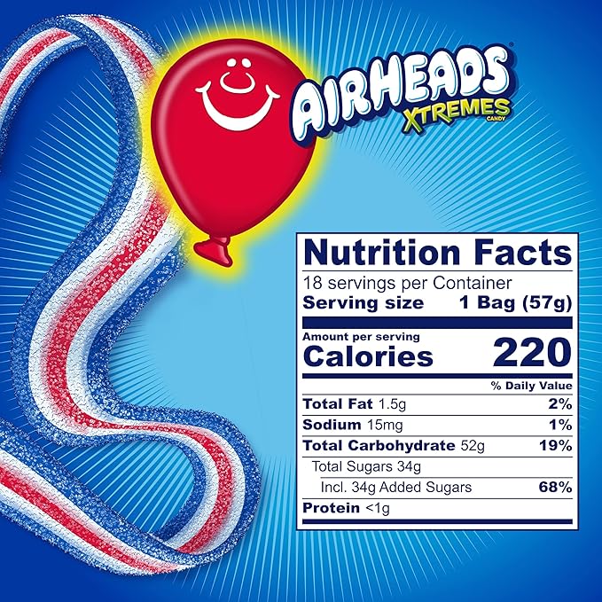 Airheads Xtremes Belts Holiday Candy, Chewy Candy Package, Christmas Stocking Stuffers for Adults & Kids, Bluest Raspberry Fruit Flavor Artificially Flavored, 2 Ounces (18-Pack)