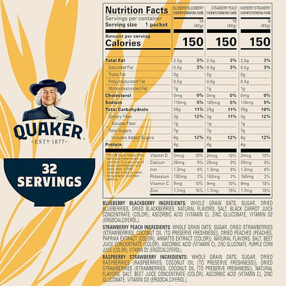 Quaker Immunity Instant Oatmeal, 3 Flavor Variety Pack, Good Source of Vitamins C, D, & Zinc, Whole Grains, No Artificial Flavors, No Colors from Artificial Sources, 1.41 oz Packets, (32 Pack)