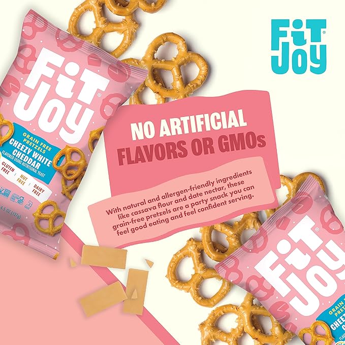 FitJoy White Cheddar Pretzels (Pack of 6, 4.5 Oz) - Dairy, Nut & Gluten Free Snacks - Grain Free Cassava Root & Chickpea Flour Vegan Pretzel Twists - Classic Snack Pretzels for Moms and More