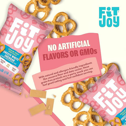 FitJoy White Cheddar Pretzels (Pack of 6, 4.5 Oz) - Dairy, Nut & Gluten Free Snacks - Grain Free Cassava Root & Chickpea Flour Vegan Pretzel Twists - Classic Snack Pretzels for Moms and More