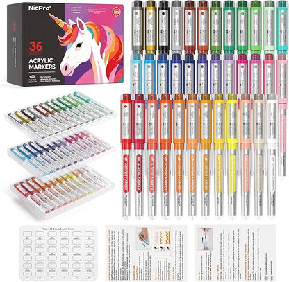 Nicpro 36 Colors Acrylic Paint Markers Set, Water-Based Brush Tip Paint Pens with Automatic Ink Control, Art Paint Markers for Rock Painting, Glass, Craft, Ceramic, Christmas Gift for Teens, Kids