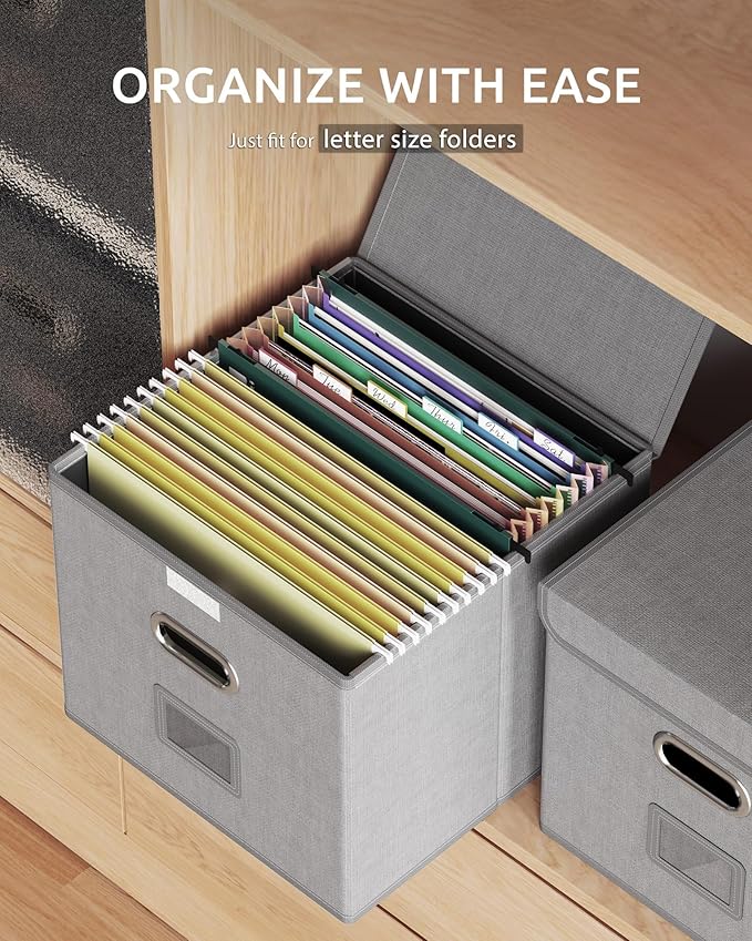 Oterri 2 Pack File Organizer Box,File Box,Small File Cabinet for Letter Folders,Gray-white Portable Filing Box,Hanging File Folder Organizer Box with Lid for Office- without Folders