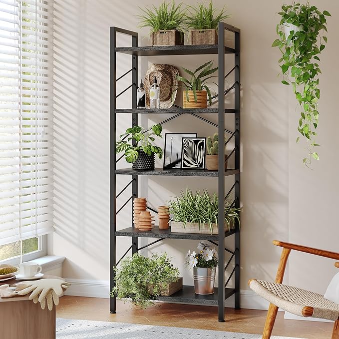 5 Tier Bookshelf, Industrial Tall Bookcase, Modern Display Shelves with Metal Frame and Sidebars for Bedroom, Living Room and Home Office, Black