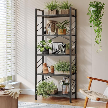 5 Tier Bookshelf, Industrial Tall Bookcase, Modern Display Shelves with Metal Frame and Sidebars for Bedroom, Living Room and Home Office, Black