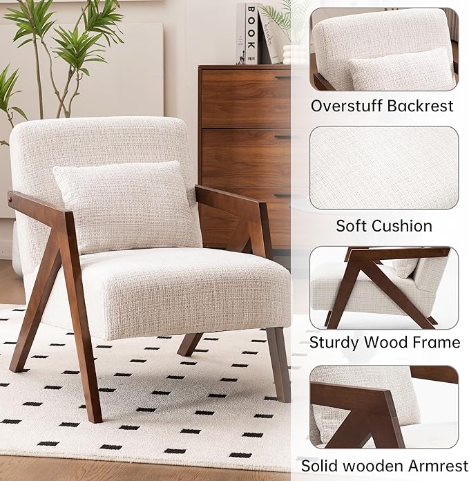 Mid Century Modern Accent Chair with Solid Wood Frame，Upholstered Chenille Living Room Arm Chairs with Pillow for Bedroom, Living Room, Reading Room, Balcony (2, Beige)