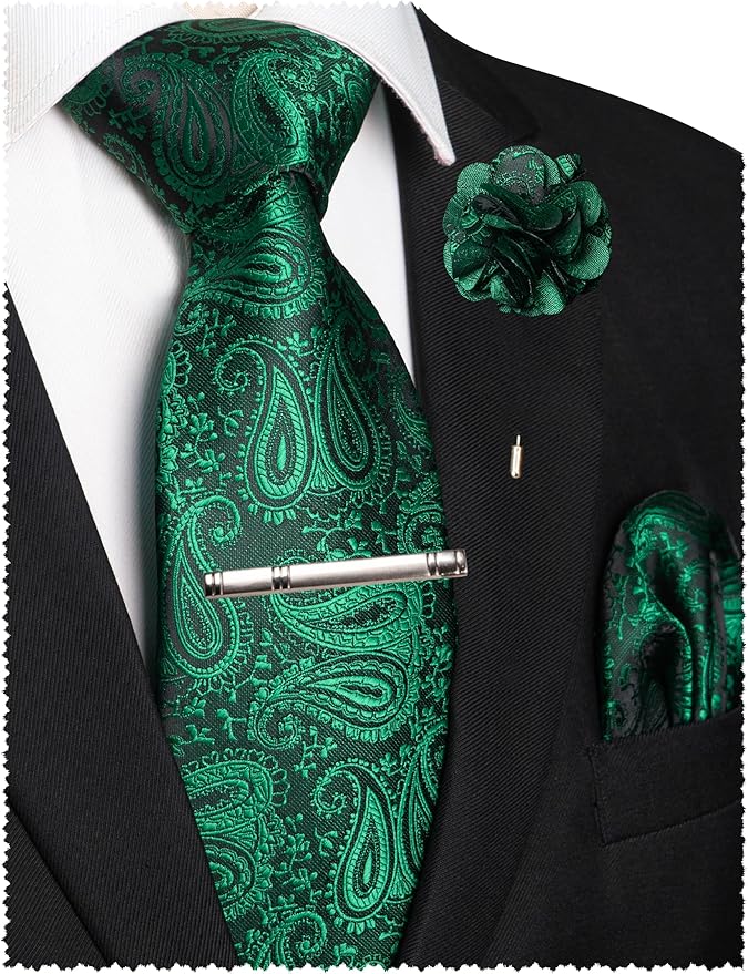 JEMYGINS Mens Paisley Tie and Lapel Pin Necktie Pocket Square and Tie Clip with Sets for Business Casual 4PCS
