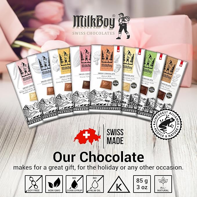 Milkboy Swiss Chocolates Dark Chocolates - 72% Cocoa, Made in Switzerland, Dairy Free, Vegan, Gluten-Free, Non-GMO, Kosher, Sustainably Farmed, European Chocolate - 3 oz, Pack 5