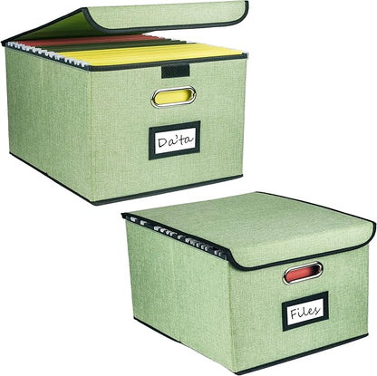 Collapsible File Organizer Box, filing Storage boxes for hanging files with lid, Linen Portable file folder box with handle, Decorative Document Storage Bin for Office/Home/School/Décor(Green)