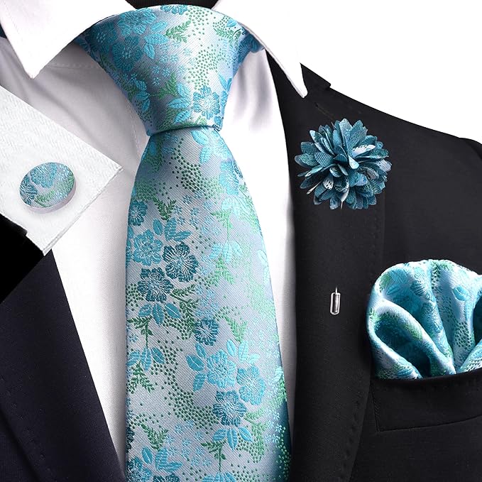 GUSLESON 3.15"（8cm） Mens Floral Tie and Lapel Pin Necktie Hankerchief Cufflinks Set for Men